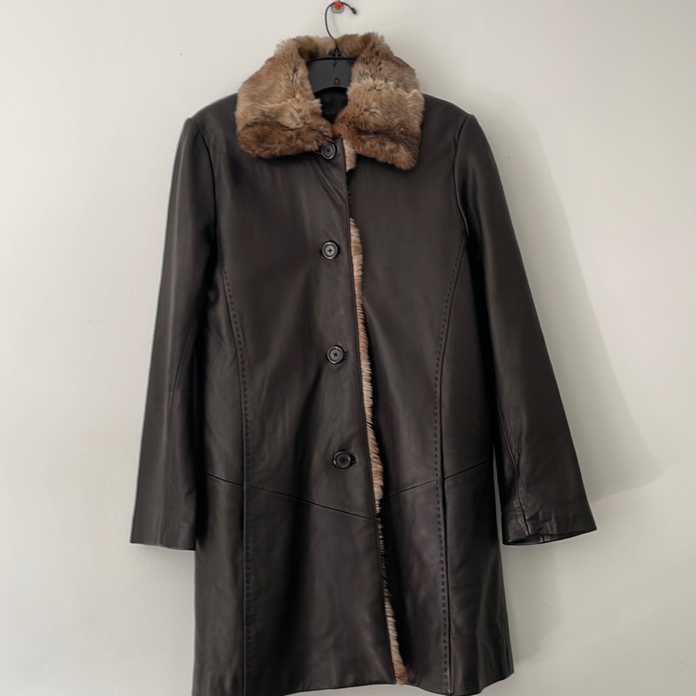 Tibor Leather Coat With Fur Trim Chocolate Brown Size M